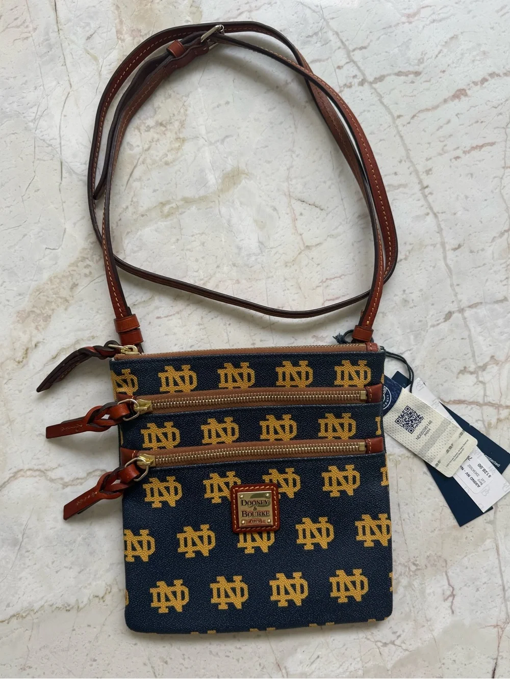 Dooney & Bourke Navy and Gold Notre Dame Triple-Zip Crossbody